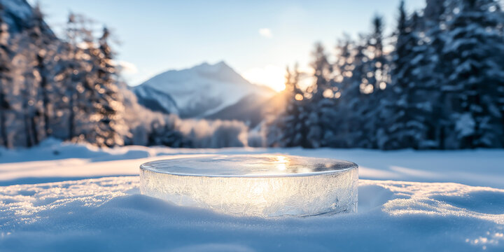 ice podium against winter outside scene, display stage of product, cold background for product presentation. mockup platform. cool stand pedestal round podium
