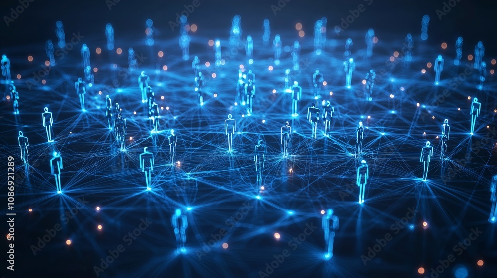 Poster abstract digital network of human figures representing social connections and interactions in a tech