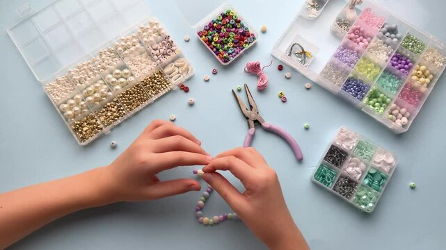 Girl making bracelet with colorful beads