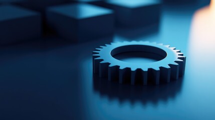 Blue gear icon placed on a sleek surface with abstract shapes in the background, symbolizing configuration and settings for digital advertisement design.