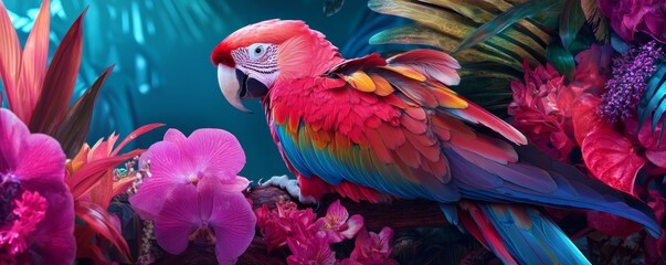 Obraz premium A colorful parrot perched on a jungle branch, surrounded by vibrant flowers.