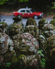 Sacred carved heads at a Kyoto shrine, showcasing traditional Japanese craftsmanship and spiritual significance.