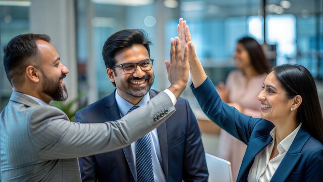 Celebrating Success - Indian business professionals celebrating a milestone with a high-five in a vibrant workspace.