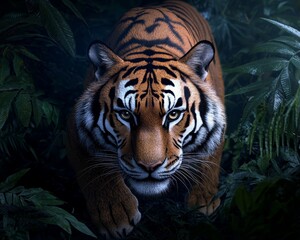 Obraz premium A majestic tiger prowling through a dense rainforest at dawn.