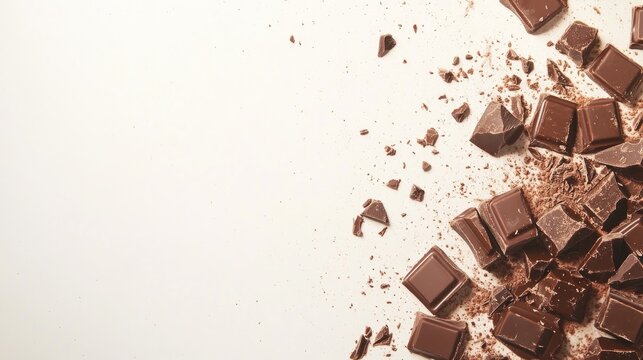 Assorted chocolate pieces and shavings artistically scattered on a clean surface, creating an inviting food backdrop with ample blank space for personalized text or branding.