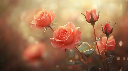 Obraz premium Stunning coral roses glistening with dew, captured in soft focus with delicate tinted tones and a dreamy, warm ambiance.