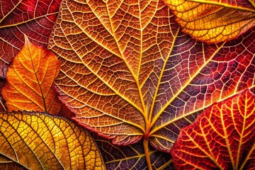 Obraz premium Aerial View of Autumn Leaves: Macro Shot Capturing the Vibrant Shades of Gold and Red with Intricate Veins and Textures, Layered and Scattered Across the Ground