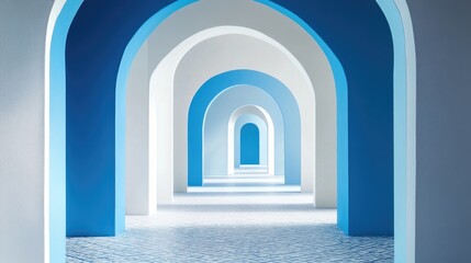Fototapeta premium Contemporary interior showcasing a series of blue and white arches, creating a serene and harmonious atmosphere with geometric symmetry.