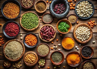 Aerial View of Colorful Dried Legumes in Various Bowls on a Rustic Wooden Table Highlighting Natural Textures and Organic Ingredients for Culinary Inspiration