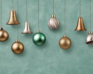 Antique Christmas Ornaments, Classic ornaments like bells and baubles in metallic tones, arranged in a scattered pattern on faded green paper.