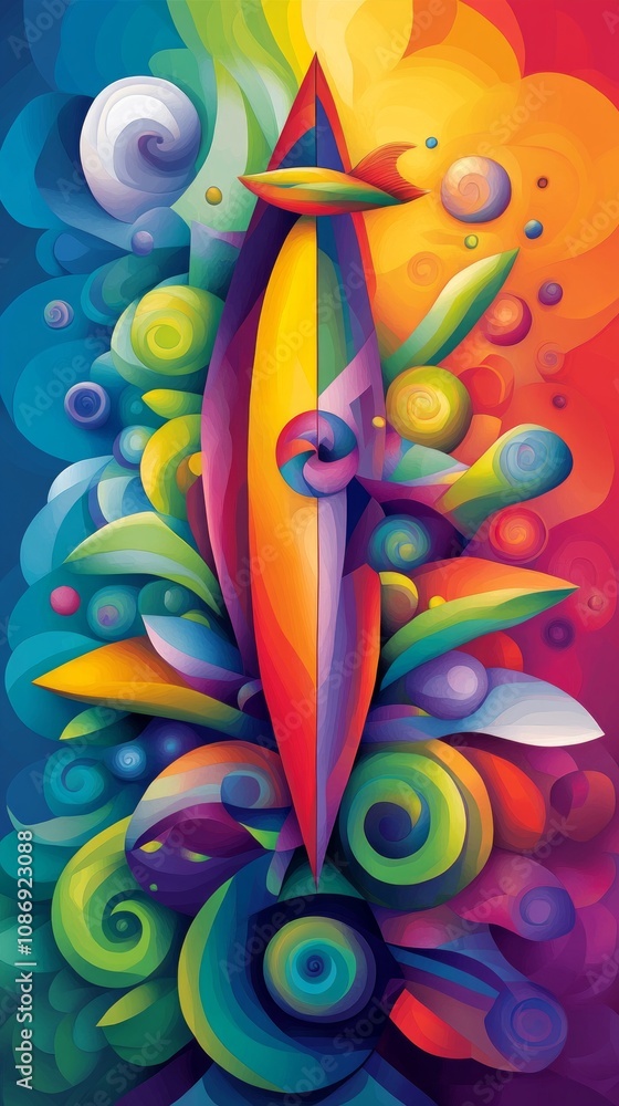 Poster an abstract composition showcases a colorful shape emerging from vibrant swirls, blending various hu