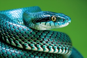 Obraz premium big snake, close-up of head and body, green leaves in background, macro photography,