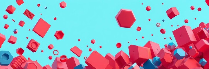 3D abstract background with floating red and blue objects, futuristic, geometric, fantasy