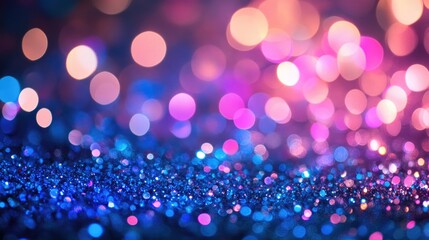 Abstract background showcasing shimmering blue, purple, and pink glitter lights with a dreamy blurred circle bokeh effect, perfect for adding a romantic touch to celebrations.