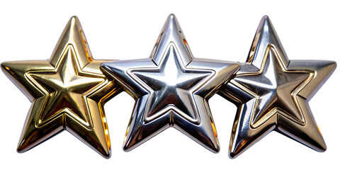 Metallic star shape bundle in bronze, silver and gold as design element separate isolated on white background as transparent. PNG. AI GENERATED.