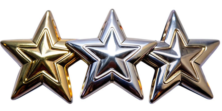 Metallic star shape bundle in bronze, silver and gold as design element separate isolated on white background as transparent. PNG. AI GENERATED.