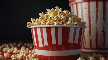 Popcorn in a red and white striped bucket