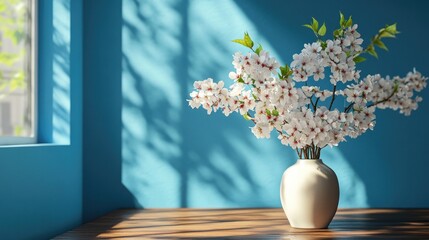 Cherry blossom bouquet elegantly arranged in a white vase on a wooden table, enhanced by soft shadows against a vibrant blue wall backdrop.