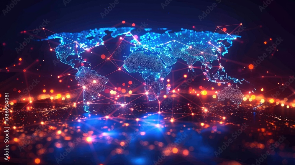Aufkleber a glowing, abstract world map with a network of lines and dots, representing global connectivity and