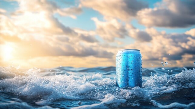 Cold drink can mockup floating in ocean waves under a vibrant sky at sunset, evoking a refreshing summer vibe with plenty of copy space.
