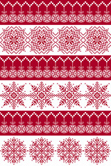 Christmas and New Year design. Red and white seamless pixel pattern. Christmas ethnic pixel pattern with Nordic snowflakes and baubles for postcard, gift wrap, winter hats, folk sweaters and jumper.