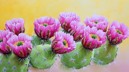 Pale lemon yellow with textured brush strokes, Maintaining a light and playful vibe while highlighting the cactus blooms.