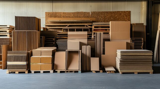 Cardboard shipping boxes stacked neatly in an industrial warehouse, showcasing a variety of sizes and shapes for efficient delivery organization.