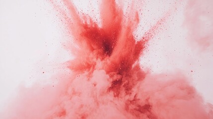Dynamic red powder explosion forming a vibrant splash of dust particles against a stark white background, creating a visually striking abstract effect.