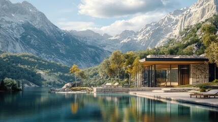 Fototapeta premium Modern residence by a serene lake, framed by dramatic mountains and lush greenery, featuring a sleek glass design and inviting outdoor spaces.