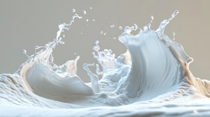 Dynamic 3D representation of milk splashing and swirling dramatically in mid-air, resembling fluid waves, with intricate details and a soft color palette highlighting motion and texture.
