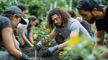 Community Volunteering Event Focused on Sustainable Planting and Teamwork. Generative ai