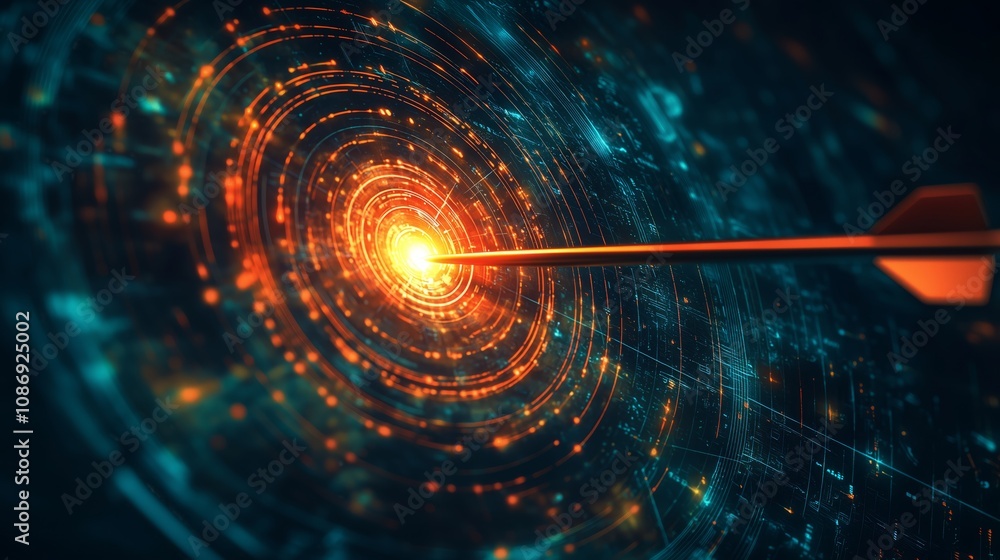 Poster abstract illustration of a bright orange arrow targeting a central core with glowing circles and dig