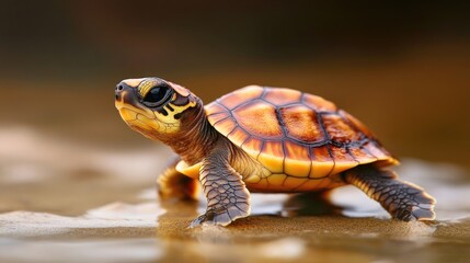 Obraz premium Baby turtle crawling on wet sand, showcasing vibrant shell colors and intricate textures, heading towards the ocean under soft lighting.