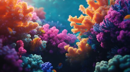 A vibrant underwater scene showcasing a diverse array of colorful coral reefs in shades of pink, purple, and blue. Sunlight filters through the water, enhancing the beauty.
