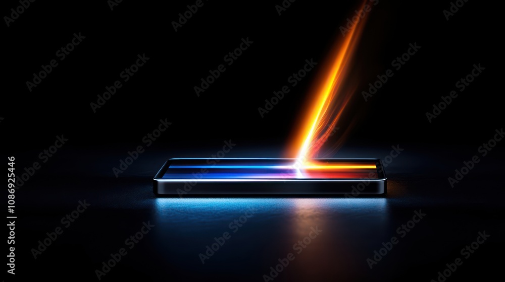 Poster innovative technology concept smartphone displaying light effect in dark environment
