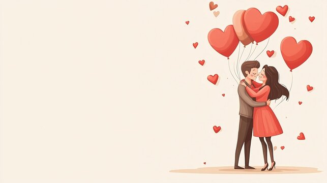 Cartolina di San Valentino dove due ragazzi si abbracciano sotto dei palloncini a forma di cuore; tutto intorno cuoricini svolazzanti.
Ampio spazio per auguri personalizzati.