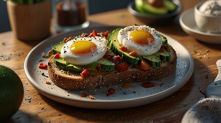 Avocado toast with poached egg and chili flakes