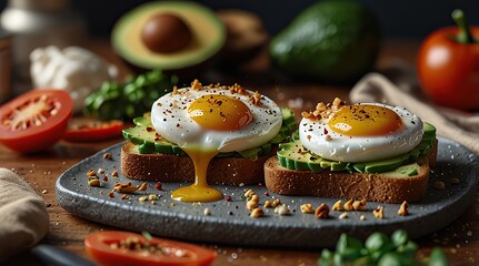 Avocado toast with poached egg and chili flakes