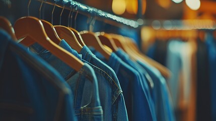Fototapeta premium Assorted hangers showcasing men's denim clothing in a retail setting, featuring a stylish blurry background that enhances the fashionable vibe of the scene.