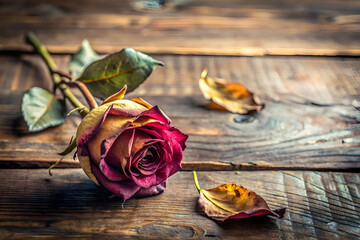 A wilted rose lies on a rustic wooden surface, accompanied by a few scattered petals, evoking a sense of nostalgia and natural beauty.