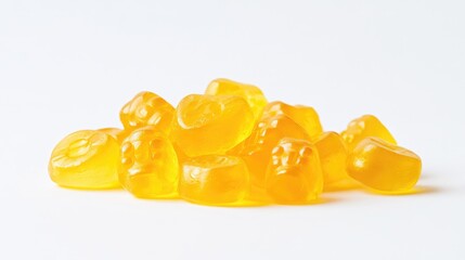 Vibrant pile of translucent yellow gummy bears showcasing playful shapes and a jiggly jelly texture, arranged attractively on a minimalist white background.