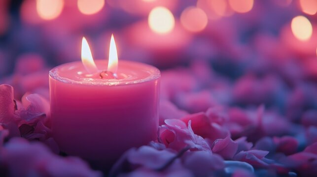 Candlelight vigil surrounded by pink flower petals, illuminating a heartfelt tribute for breast cancer awareness and support.