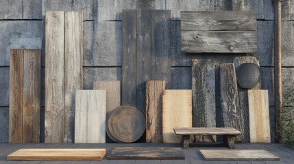 A diverse assortment of wooden boards and lumber, showcasing various finishes and textures, including pine and reclaimed wood, arranged in an industrial backdrop.