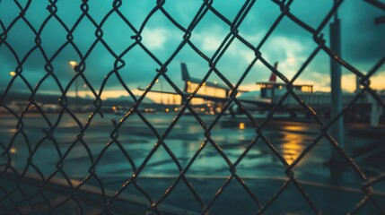 Chain-link fence in foreground with droplets of rain, showcasing passenger boarding bridges and aircraft in a dimly lit airport scene during an overcast sunset.