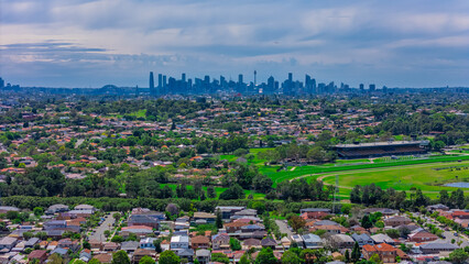 Panoramic aerial drone view of western Sydney Suburbs of Canterbury Burwood Ashfield Marrickville...