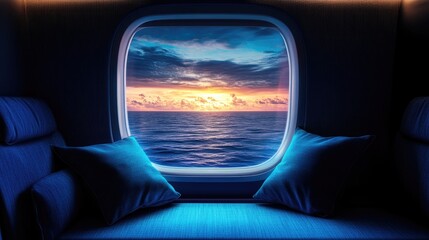 Cozy window seat overlooking a serene ocean at midday, featuring calm waters and a vibrant sky with empty pillows for design mockup usage