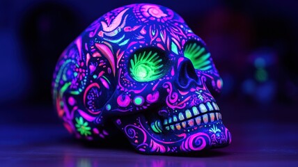 Vibrant sugar skull art display neon colors decorative object dark environment close-up view day of the dead concept