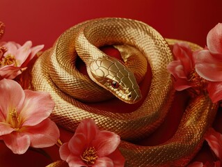 Fototapeta premium Vivid Python Coiled Amidst Red and Pink Flower Blossoms