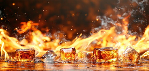 Melting ice cubes in fiery flames nature beverage photography warm atmosphere close-up contrast