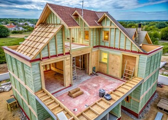 Aerial View of Newly Constructed Home Showcasing Open and Closed Cell Spray Foam Insulation in Walls and Ceilings, Finished with Flame Retardant Paint